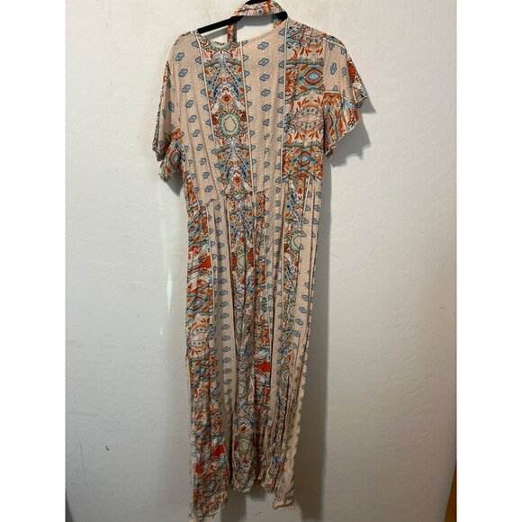 Women Orange Blue Maxi Dress With Belt Tie Sz XL Flutter Sleeves Pullover - Picture 6 of 7